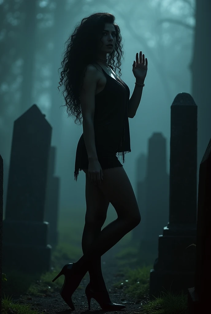A horny milf with long black curly hair. Her athletic physique is accentuated by her toned physique. She wears an (black
vest:1.3), (high heels:1.2), a leather choker with chain. nylon stockings complements her slender figure. Shadows are very dark and very mysterious. The woman poses seductively on a creepy cemetry (by night:1.5), shrouded creepy mist. The photo and subject exude realism. posing between tombstones, (perfect fingers:1.4), (full body shot:1.7).