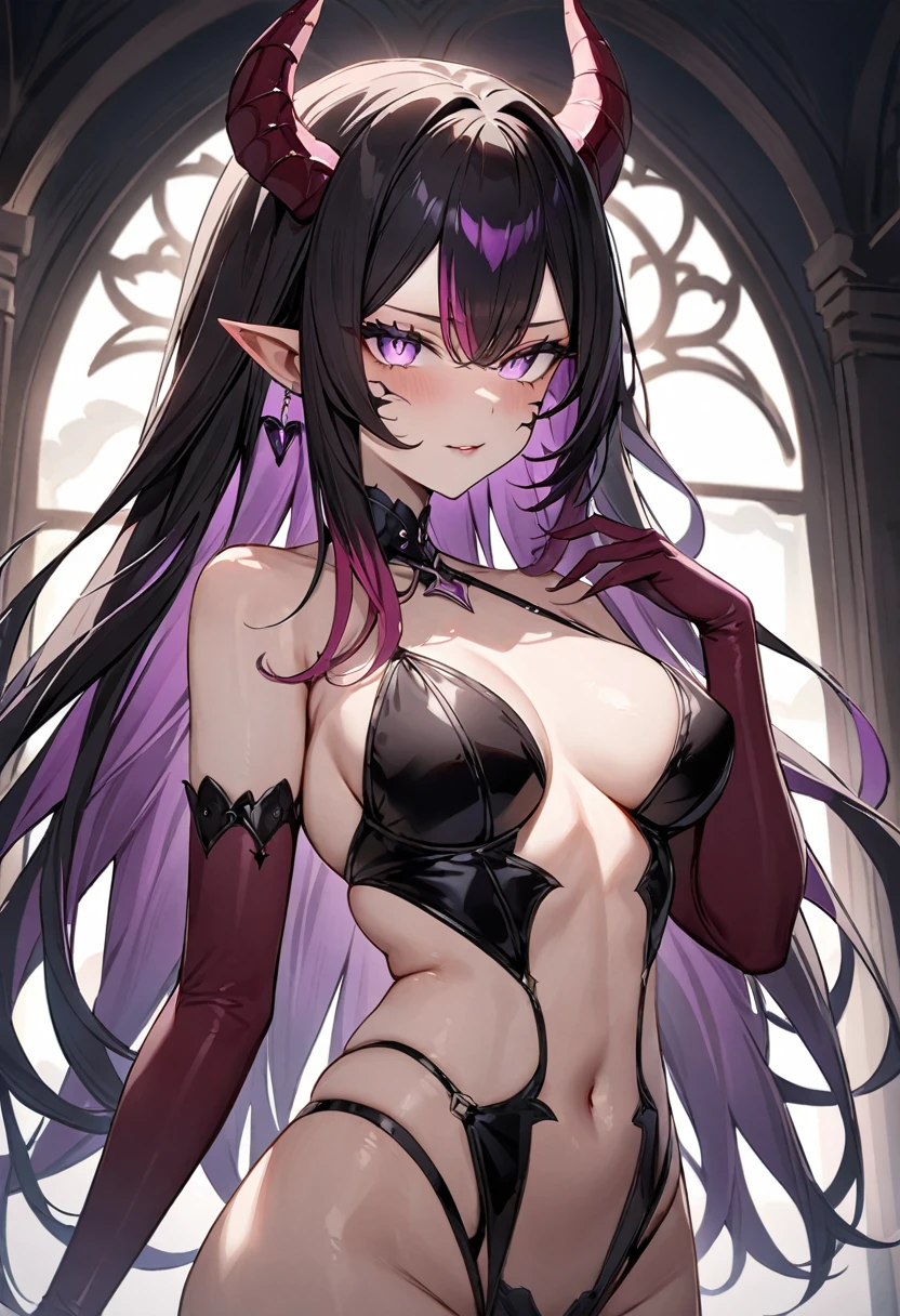 (masterpiece, top quality, very aesthetic, 4k、illustration), intricate detail, 1woman,solo,contrapposto 、Strong glowing eyes、Fair skin,(upper body)、in heat face 、(Demon Lord、Succubus Queen、Erotic),beautiful face、(gradient hair)、multicolored hair,middle hair,sidelock ,purple eyes、dominatrix、medium breasts、slender 、