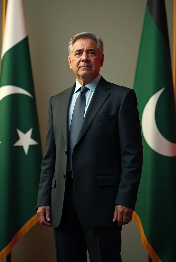 generate a picture of man setting in suit and there is Pakistan tehreek insaaf flag and on other side there is Pakistani flag in behind.
