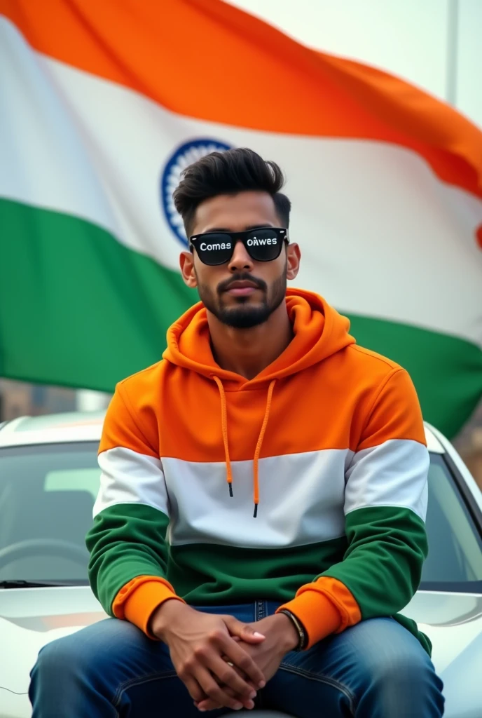 Create a realistic photo of a 20 year old boy sitting on the car, wearing a indian flag color hoodie, sunglasses with the name ' ' printed across it. The background features a Indian flag fluttering in the wind."