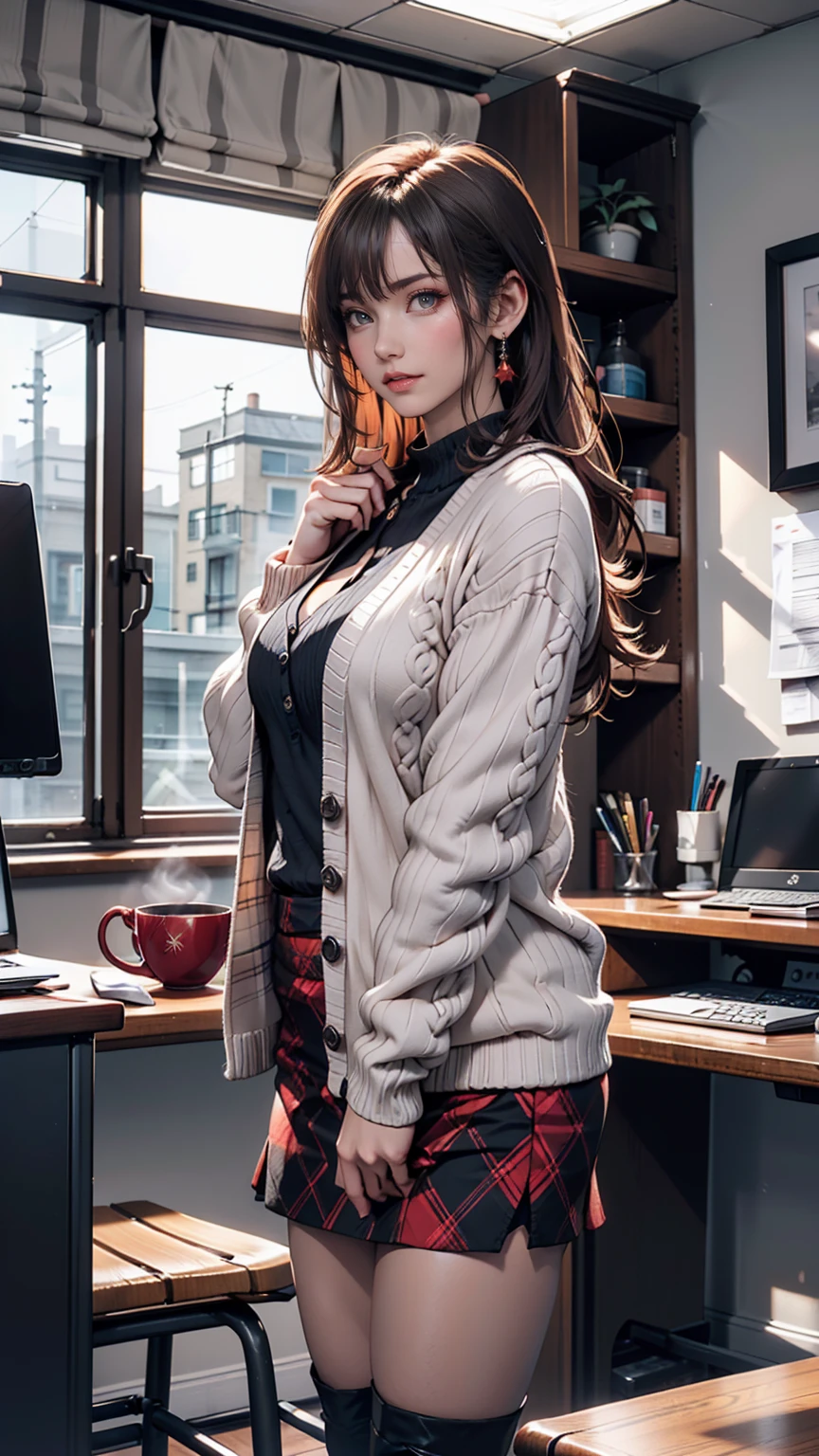 indoor, Portraiture, A 25-year-old woman holding a coffee cup, Black cropped knit cardigan, arm:1, Dark red slim skirt with black check pattern, Black knee-high suede boots, Standing next to the office window