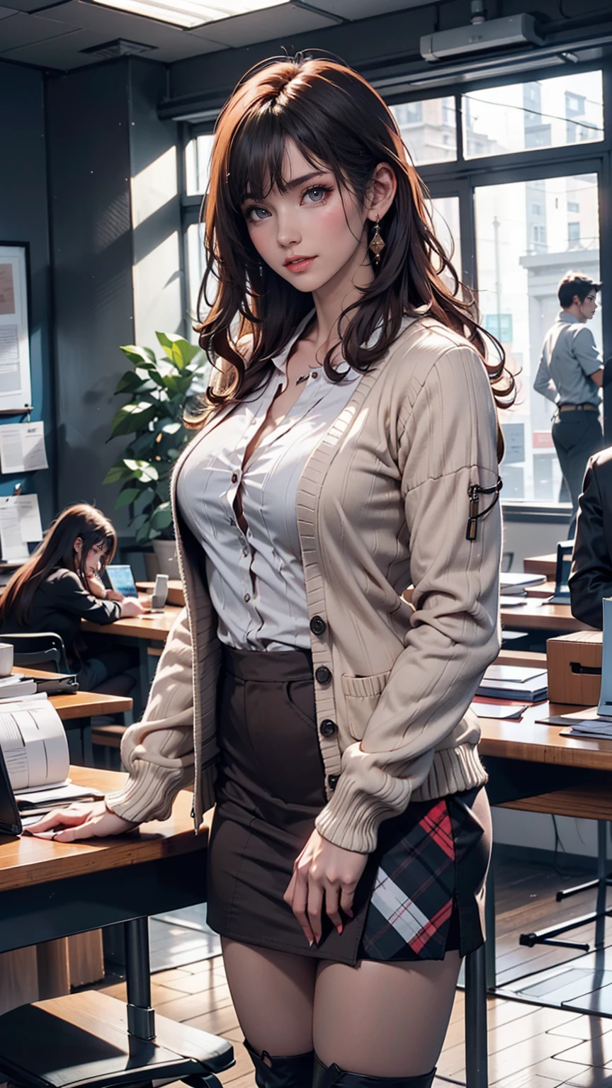 indoor, Portraiture, A 25-year-old woman holding a coffee cup, Black cropped knit cardigan, arm:1, Dark red slim skirt with black check pattern, Black knee-high suede boots, Standing next to the office window