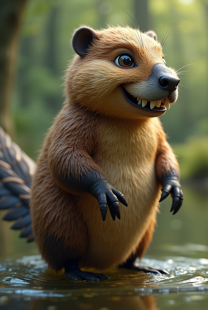 create an animal that has the body and head of a beaver with the beak of a duck, with the front paws of a beaver and the back paws of a duck