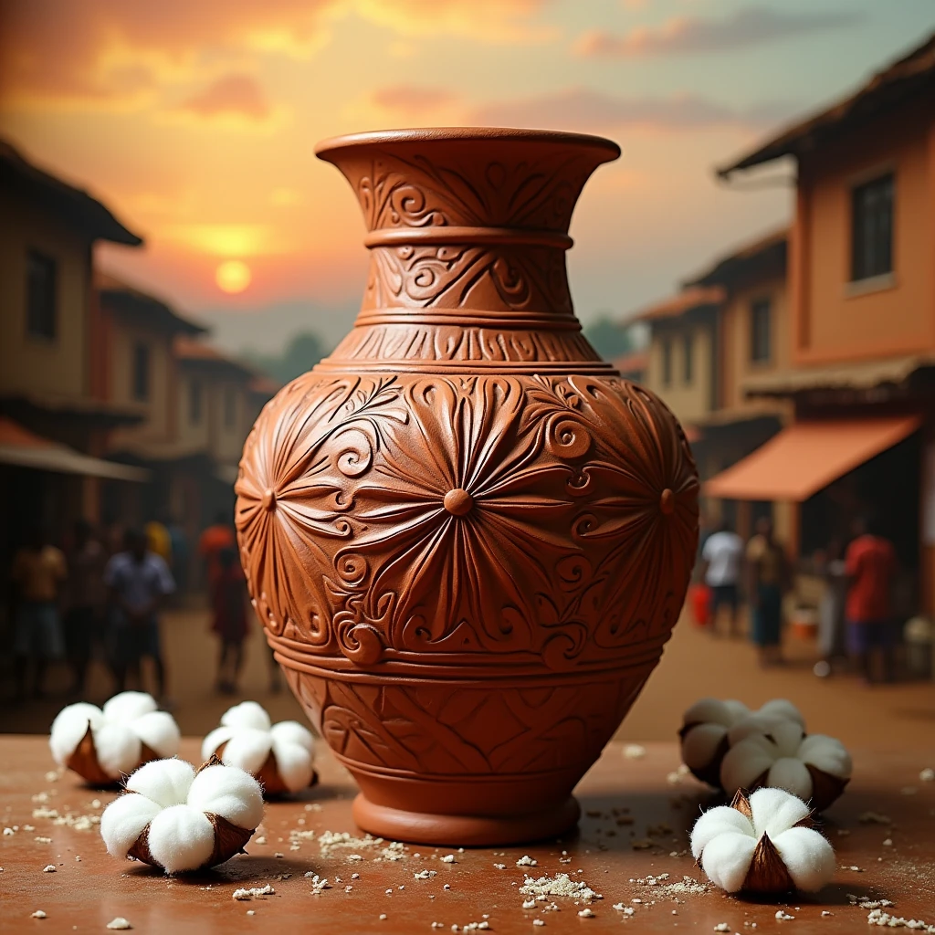 Magnifique et majestueux vase d'art Africain en terre cuite fait main au congo avec relief (((ultra détaillé)). Large Arrière plan colorés et chaud mettant en valeur la ville de Lubumbashi au Congo. Chef d'oeuvre. Merveille. Prodige. Coton parsemé au sol. Vue latérale.
