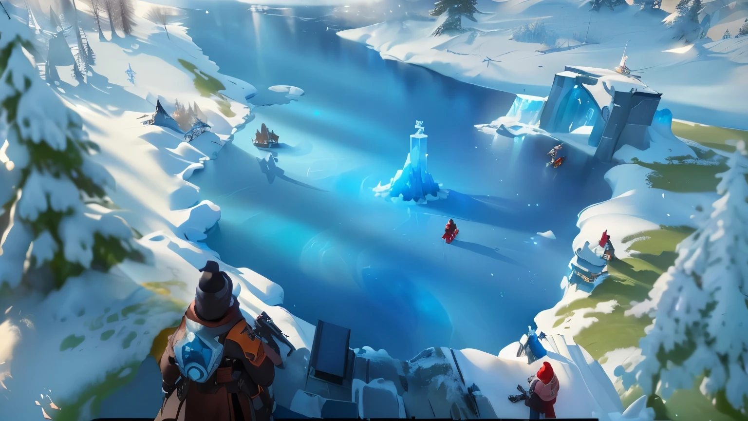 there is a scene of a frozen lake with a lot of snow, disney splash art, winter concept art, queen of ice and storm, artgerm and atey ghailan, official splash art, epic concept art, loading screen, rossdraws global illumination, splash screen art, pc screenshot, frostbite 3 rendered, key art, epic battle screen of hero