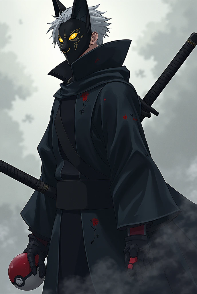 male anbu short white hair sideview, wearing akasuki robe, with big sword at back. black full face cover fox mask with gold eye lining, anime, holding a pokeball