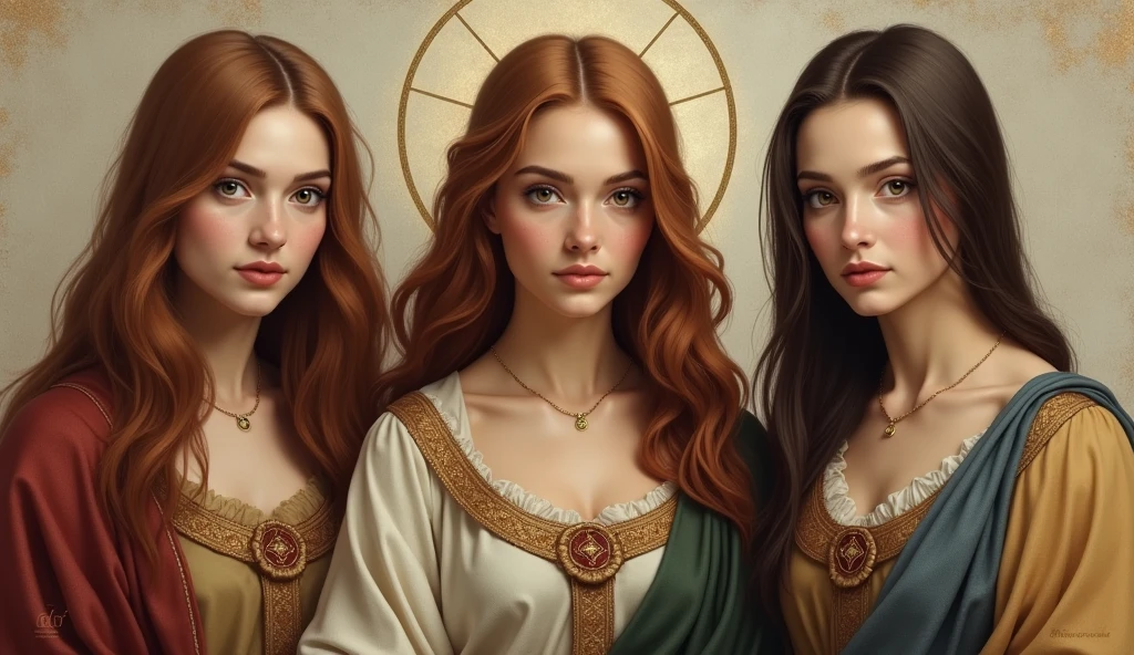 Full-body portrait of three women standing side by side facing forward。On the left is the beautiful Mary Magdalene, aged 20、Beautiful Virgin Mary in the center、On the right is the beautiful Maria, 26 years old.。