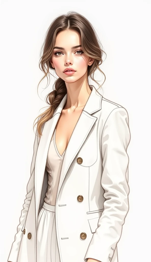 David downton fashion illustration, mustafa soydan drawing, line art sketch on a white background, beautiful woman face portrait, slim figure, jacket, natural color