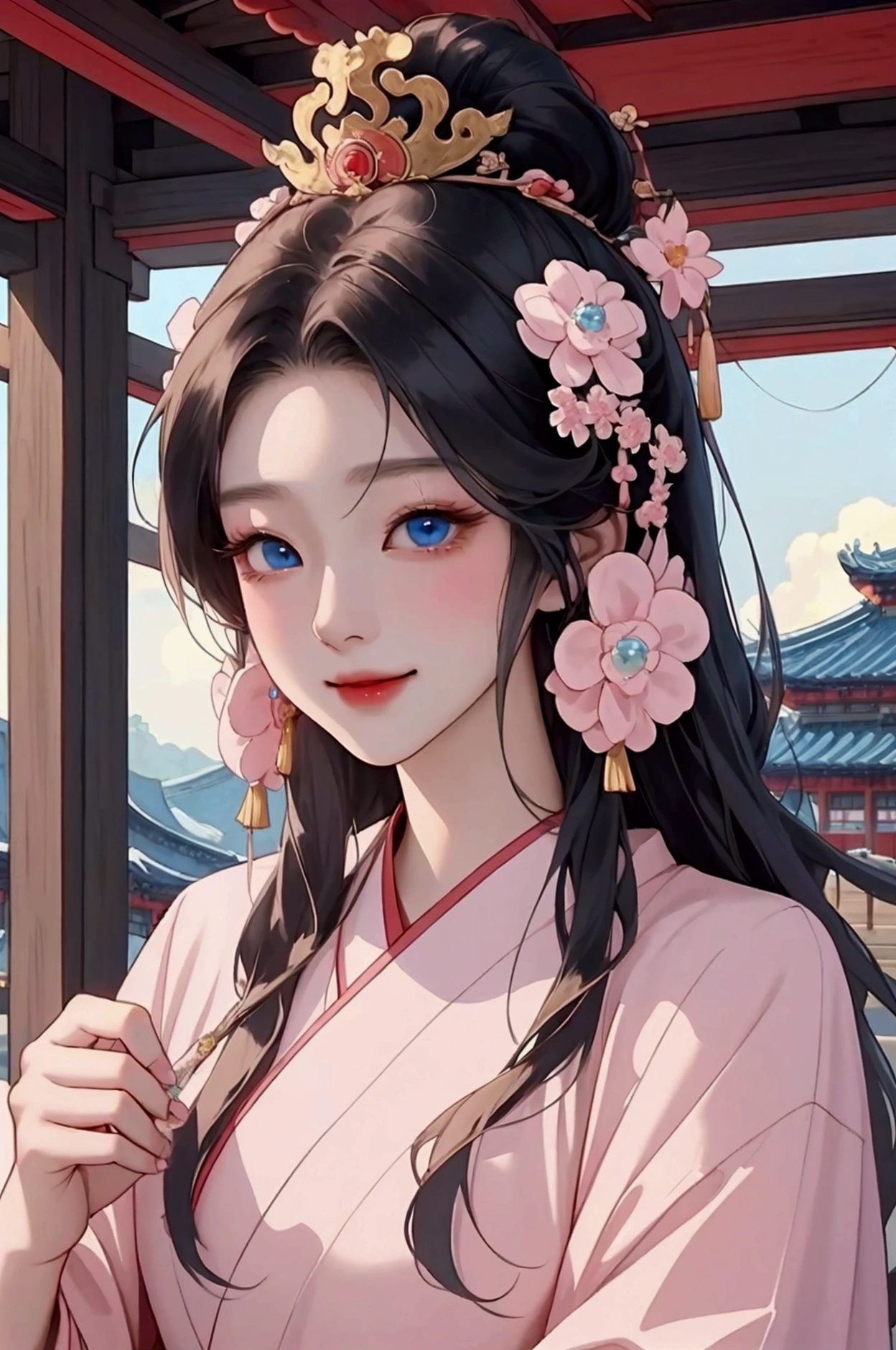 (Highest quality、 8k 、masterpiece、High resolution)、(Chinese Drama、Changgexing、Li Changge、Dililaba)、Tang Dynasty、Changan、1 Female、Beautiful young person、blue eyes、Pretty lips、Hairpin、(Noble Princess)、(Anime Beauty)、(Anime Art)、Smiling and posing happily、Bright atmosphere、Light colored long hair、Light pink Hanfu、Changanの街並み、Tang Dynasty Buildings、Tang Dynasty Buildings、Official Art、Detailed CG、