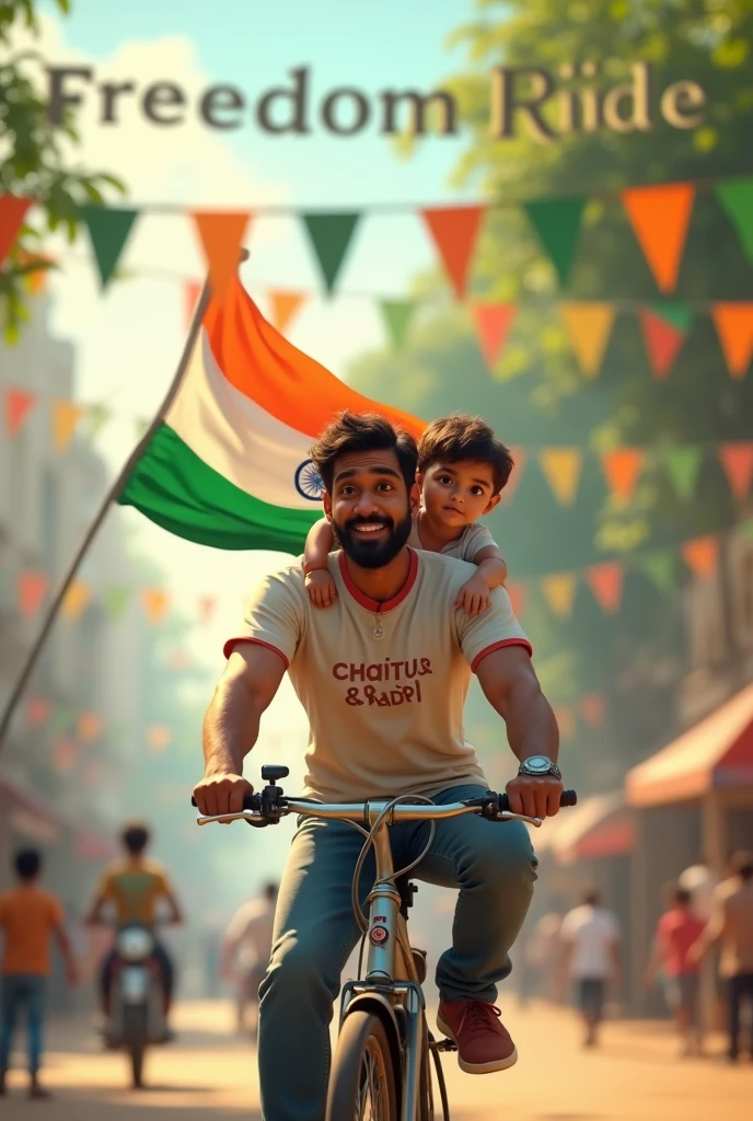 “Scene of a 28-year-old Indian boy  and his Son 2 years riding a bicycle with the Indian flag attached to the back. The streets are decorated with tricolor flags and streamers. His t-shirt reads ‘Chaitu & Badri,’ and the text ‘Freedom Ride’ is displayed in 3D at the top.”