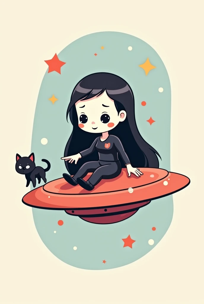 A logo of a white-skinned girl with long black hair,wearing a black jumpsuit, riding a UFO abducting a black kitten, while pointing forward, all this cartoon style.