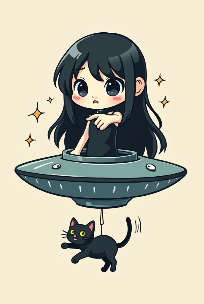 A logo of a white-skinned girl with long black hair,wearing a black jumpsuit, riding a UFO abducting a black kitten, while pointing forward, all this cartoon style. 