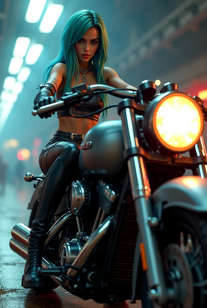 Telma, with her long, straight blue and green hair cascading over her shoulders, sits confidently on a sleek black motorcycle. She’s dressed in a tight, black leather biker outfit paired with a leather top, accentuating her slender figure. The shot is taken from a low angle, with the front wheel, handlebars, and headlight prominently in the foreground, the light shining brightly. Telma's confident expression and the powerful stance of the bike create a bold, dynamic scene.