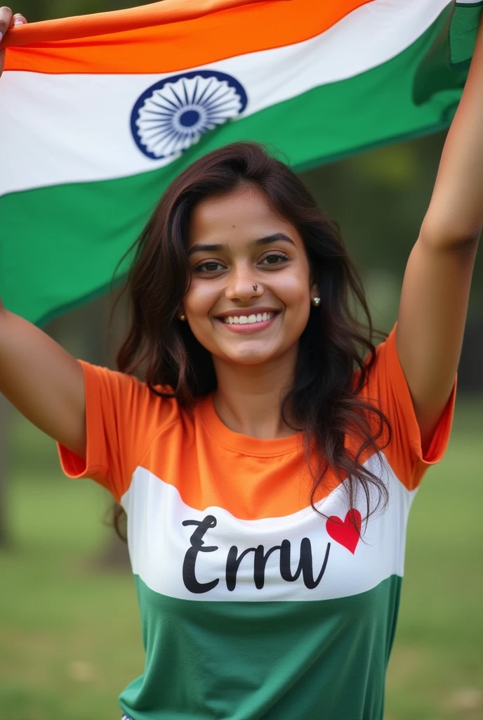 23 year old girl  , holding up a Indian flag, wearing a t shirt indian flag colour,write name on t shirt Erru, with heart