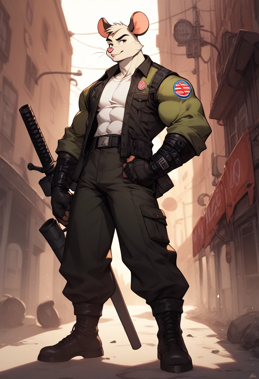 a anthropomorphic furry white mouse,mice buff,muscular man wearing a biker outfit,scars,Biker mice from mars,veteran,Vinnie,thick,young ,90’s style. He’s androgynous,equipped with some firearms weapons and a sensual ,cool expression,full body.The scene has a cool,sweet,sexual,samurai style and a vibrant tone.industrial setting in the background