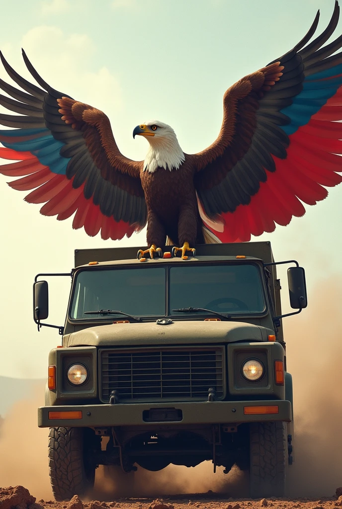 Russia flag on eagle on truck