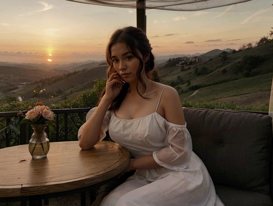 A woman sitting, a cup of coffee, round table, napkin, top of hills, mosquito net, romance, sunset, beautiful,