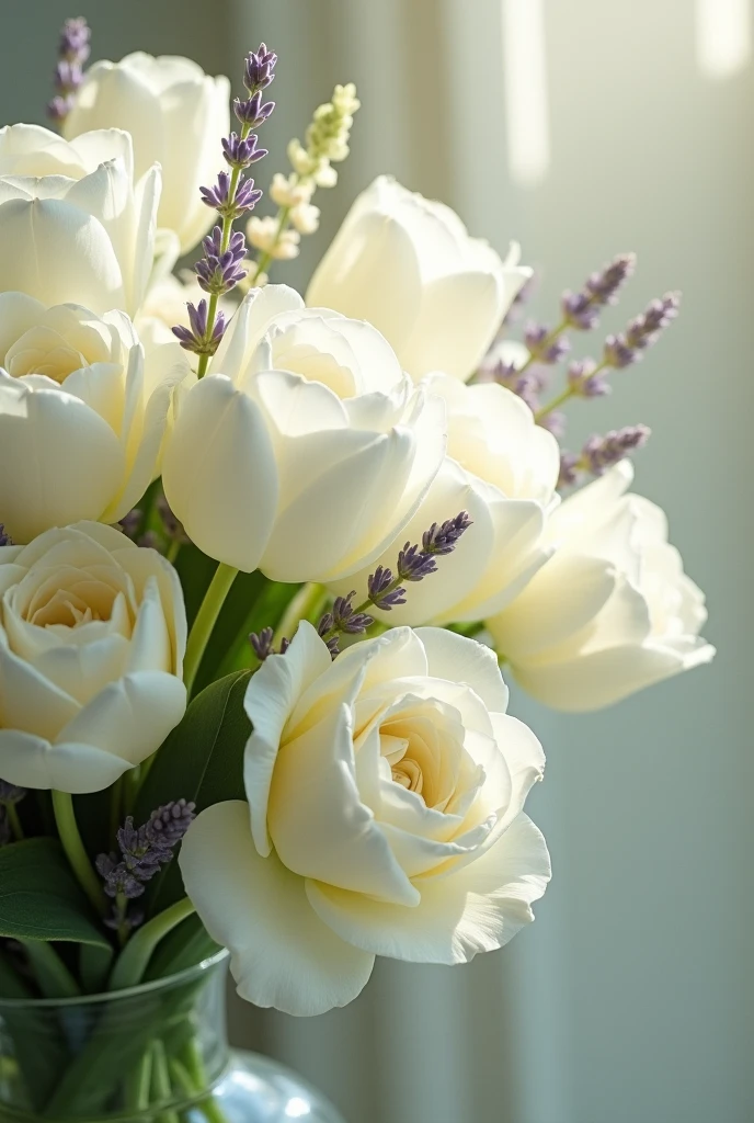 bouquet of white lavender,white roses, tulips illuminated by natural light, captured in a realistic photograph.