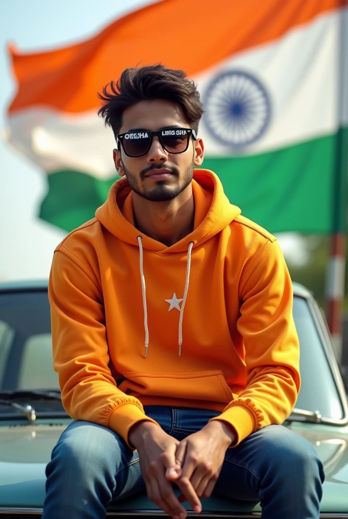 Create a realistic photo of a 18 year old boy sitting on the car, wearing a indian flag color hoodie, sunglasses with the name ' ' printed across it. The background features a Indian flag fluttering in the wind."