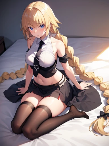 masterpiece,best quality,high resolution,jeanne darc, blonde hair, blue eyes, long hair,bare shoulders, black necktie, black thighhighs, braid, long braid, miniskirt, navel, necktie, shirt, single braid, sleeveless, sleeveless shirt, thighhighs, white shirt,[[shirt lift]],full body on the bed,embarrassed