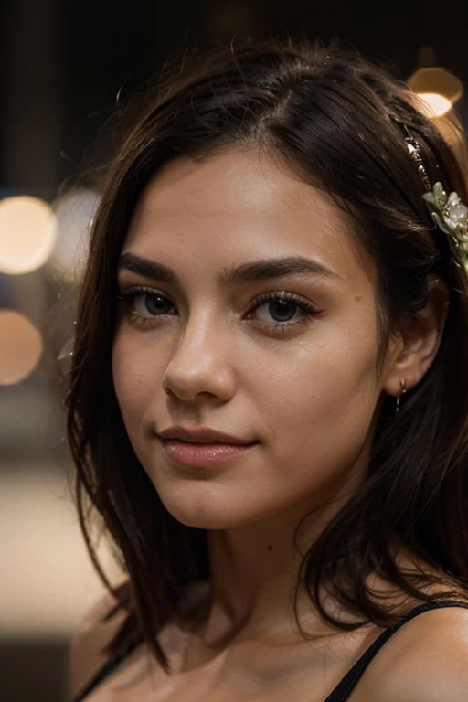 best quality, 8k, highres, masterpiece, ultra-detailed, realistic, photorealistic, HDR, UHD, studio lighting, ultra-fine painting, sharp focus, physically-based rendering, extreme detail description, professional, vivid colors, bokeh, girl, 1girl, beautiful detailed eyes, beautiful detailed lips, extremely detailed eyes and face, long eyelashes, shy smile, crown, random wear, flower, night sky, dutch angle, wide shot,