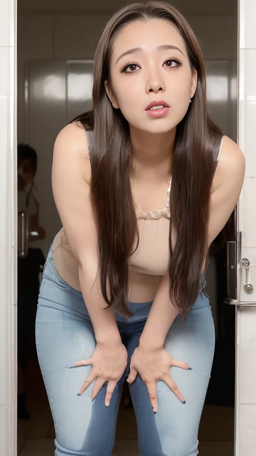 1woman,fullbody,(masterpiece:1.7),photo-realistic,16k,(A very beautiful chubby Japanese gal in her 40s pees herself while being watched by people in a restroom for kids:1.3),(plump:1.4),(frilled blouse:1.4),(jeans:1.2),sneakers,(She's standing, knees spread to the side, holding her crotch down:1.5),(She is making a puddle of pee),(Her face is contorted with shame,she is crying:1.3),(She has long brown hair and heavy makeup:1.4)