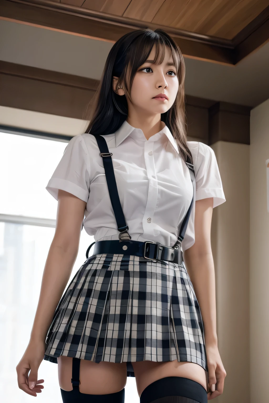 1 female, , high quality, masterpiece, Ultra-high resolution, Cinema Lighting, 1 female, , high quality, masterpiece, Ultra-high resolution, , Cinema Lighting, suspenders　　　Moderate breasts　 　 　　　　　 　　　　Small face　 　　　　　　　　　　　Looking up　　　　Sweat 　　　Thin belt　buzzer　脇Sweat 　　　　 　garter belt　　Belt on pants　　holster　 　　Hands behind your back　 　Looking up　Anxious face　Knee-high　Knee socks　Knee-highソックス 　garter　ふとももにgarter belt　Checkered mini skirt　 　　Panty shot　Skirt gap Armament　　　holster　holster 　　Hands behind your back　 Anxious expression　　Anxious face, legs apart　Armament　　Leg Holster　holster　See-through clothing　heavy rain　Rain-soaked dress shirt,Moderate breasts　ガーターbelt　suspenders　Garter on the thigh　Checkered mini skirt　Looking up　Pause　belt　Armpit sweat　Hands behind back　Raise your hands
