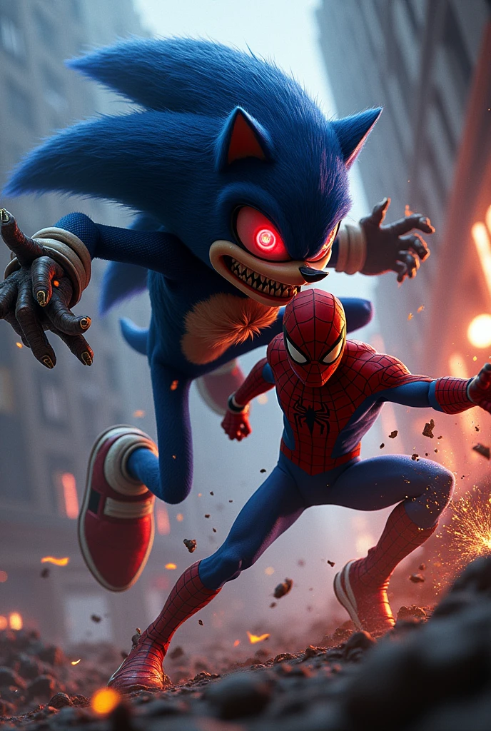 An evil Sonic beating up Spiderman. Spiderman is getting beaten up badly.