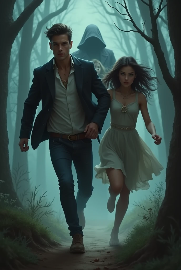 A handsome young man and a young woman wearing a pendant running with the background of a forest and shadowy man holding a girl doll
