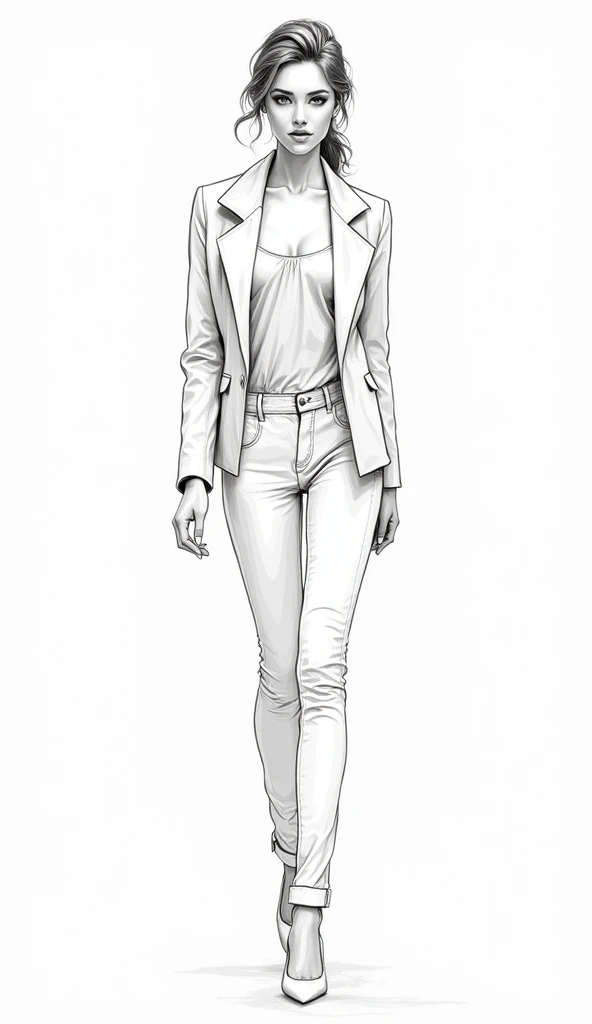 David downton fashion illustration, mustafa soydan drawing, line art sketch on a white background, beautiful woman face portrait, slim figure, jacket, natural color