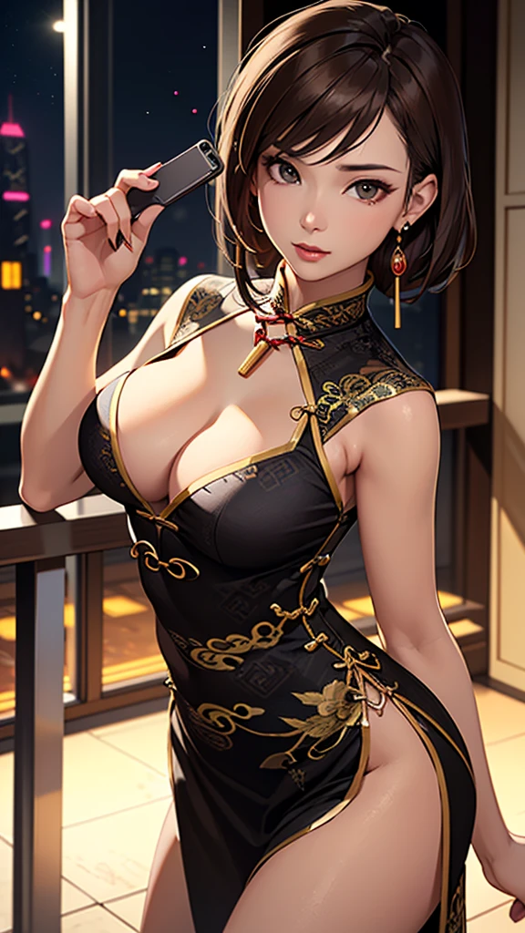 (((HD photo))), ultra high res.photorealistic:. 1.4, UHD, masterpiece, trending on artstation, portrait, closeup of face and cleavage, (1girl,) pretty, cute face, most beautiful in the world, soft, delicate, (brown hair, middle hair ), attractive breasts,(wearing a necklace and earrings), (wearing a black cheongsam:1.4), Hong Kong street :1.4, examination, (standing, a woman who seduces, looking at the camera) , (beautiful night view),(she seduces you with sexy pause),