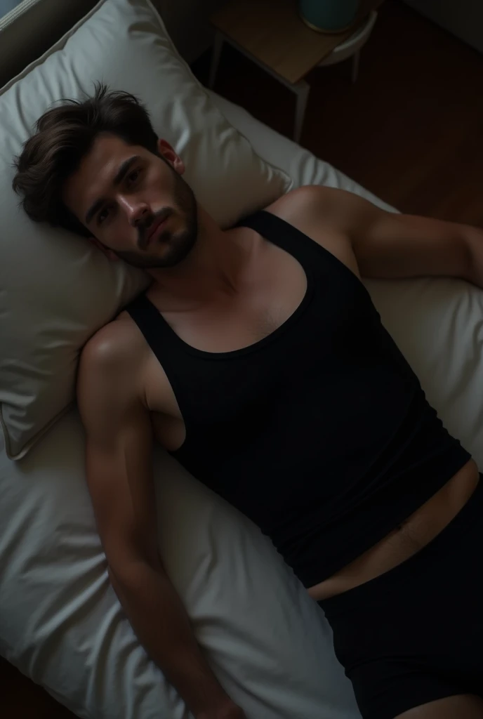 A man in black trunk underwear in bed room and were only black tank top under vest in day and were black tank top under vest