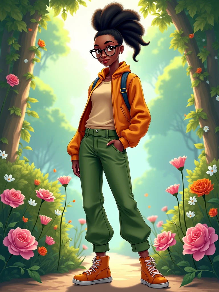 princess Tiana, full body pictures, 1 girl, mohawk haircut, wearing glasses, wearing beautiful fashionable casual clothes, Carly hair, in a garden of flowers, cartoon version, Disney version, fantasy, anime version