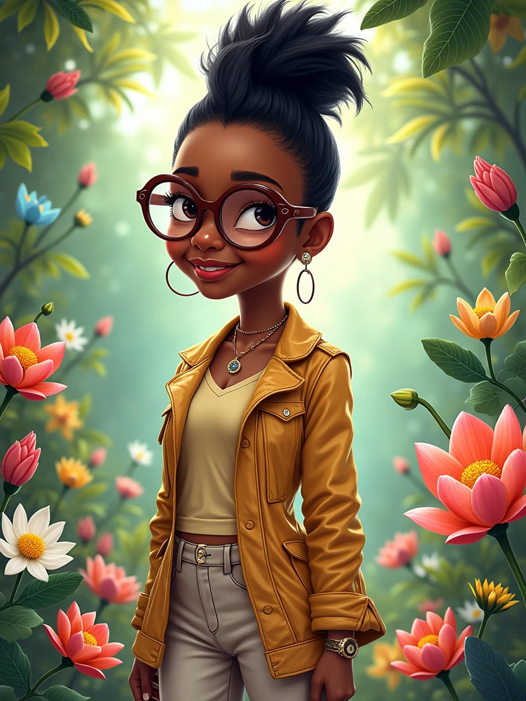 princess Tiana, full body pictures, 1 girl, mohawk haircut, wearing glasses, wearing beautiful fashionable casual clothes, Carly hair, in a garden of flowers, cartoon version, Disney version, fantasy, anime version