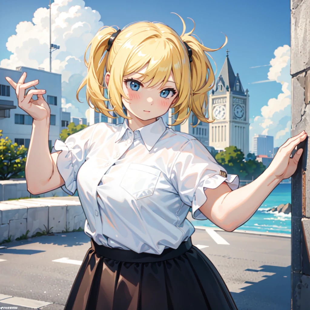 Extremely detailed, masterpiece, high resolution, short blonde hair, chubby, blushing, surpised, white shirt, black skirt