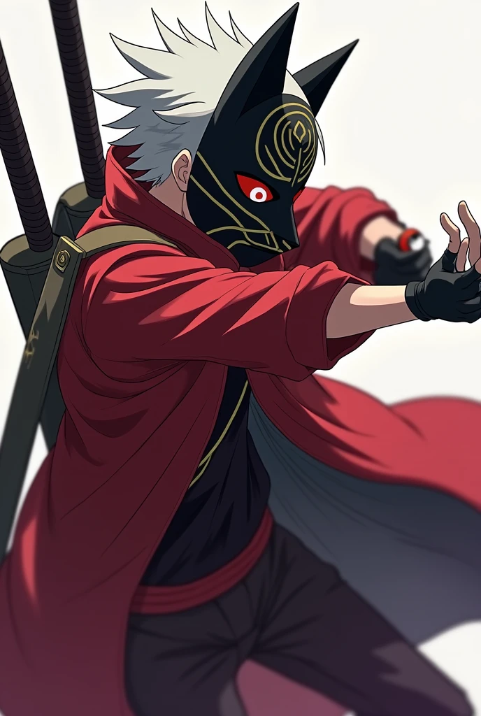 male anbu short white hair sideview, wearing akasuki robe, with big sword at back. black full face cover fox mask with gold eye lining, anime, stretching arm holding a pokeball 