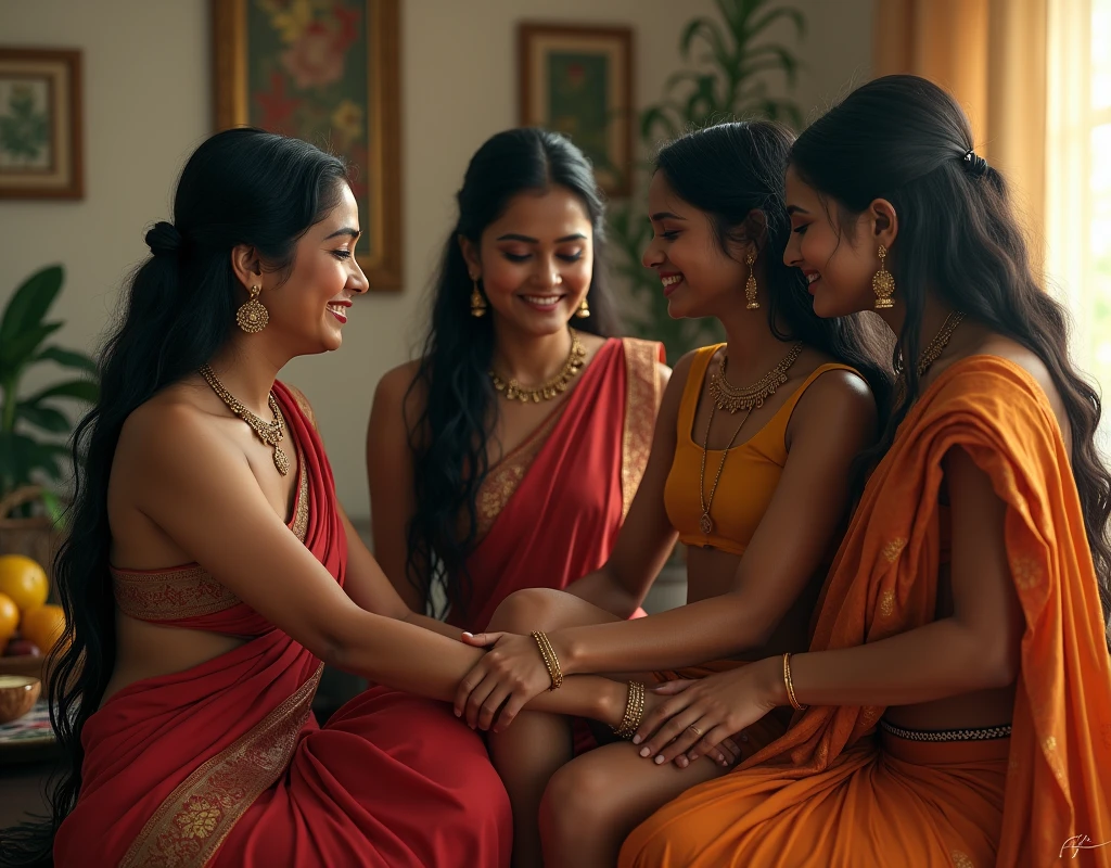 A heartwarming scene of and indian four women-85 years old grand elderly indian woman,70 years old eldery indian woman,45 years old mature indian women and 19 years old younger indian girl-A 70 years old indian woman and with long,flowing extremely wet and oil soaked 3c curly gray-black hair shinning like mirrors due curls oilness and wetness with untied and unleash saree revealing exposed out her eldery saggying breast,adorned with gold earrings and bangles,wildy kissing her 19 years old grand-daughter' legs in nude, who has dark fully cornrowed braided rapunzel hair and is in nude,her part of long cornrowed braides flows her face with wildness eyes where the sexuality iminate,And she is standing and put one leg on the chair and shows her pussy,vagina to her grandma,with open mourh tited back head,Just next to those two women,as another couple,A 45 years old indian woman who is mother to 19 years old girl-and with long,flowing extremely wet and oil soaked 3c curly gray-black hair shinning like mirrors due curls oilness and wetness with untied and unleash saree revealing exposed out her eldery saggying breast,adorned with gold earrings and bangles,wildy kissing her 85 years old grandmother(who is great grandmother to 19 yo girl) legs in nude, who has dark fully cornrowed braided rapunzel hair and is in nude,her part of long cornrowed braides flows her face with wildness eyes where the sexuality iminate,And she is standing and put one leg on the chair and shows her pussy,vagina to her grandma,with open mourh tited back head,The background features soft, warm lighting from a window, with hints of a cozy home setting filled with plants and a table with fruits, capturing a moment of love and connection.vibrant colors, soft focus, and sexual emotional depth,Generste with detailed nudity,Generate with high indian ethnicity,Generate with wildness sexuality,Generate with elderity nudity and Mature and younger nudity as detailed,