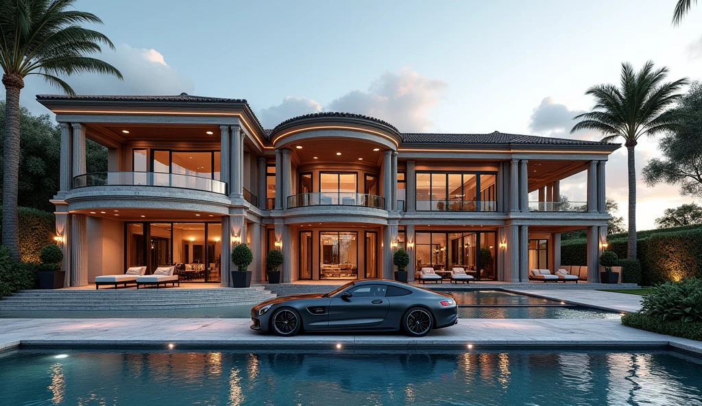 luxury home with a car parked in front of it, mercedes coupe amg, behind sea, luxury pool, luxury lifestyle, luxurious environment, luxury architecture, rich house, huge mansion, rich style, luxury and elite, extremely opulent, luxurious, hyper luxurious, majestic masterpiece, wealthy, luxury, stunning grand architecture, exquisite masterpiece, flaunting his wealth, inside a grand, architectural masterpiece