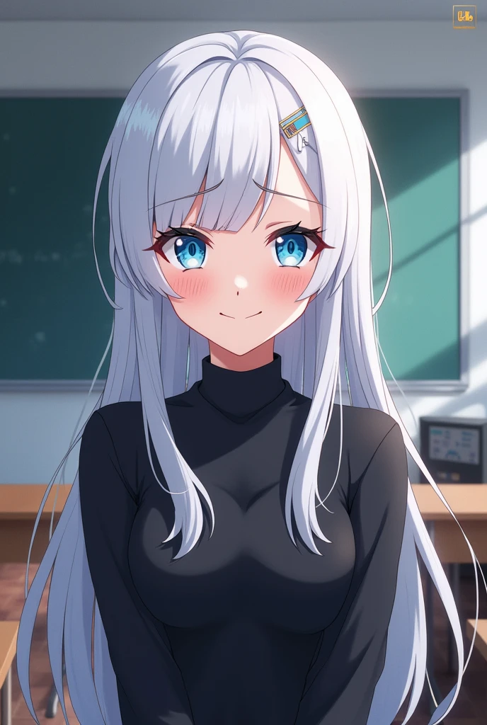 Smirking, Cocky ,Woman, Female version, Female, Jujutsu Kaisen, Solo, Alone, White hair, Bangs, Long hair, White eyebrows, White Eyelashes, Vibrant Blue Eyes, Wear Black Shirt, Black Clothing, I'm classroom, School, High Quality, 4k resolution, anime