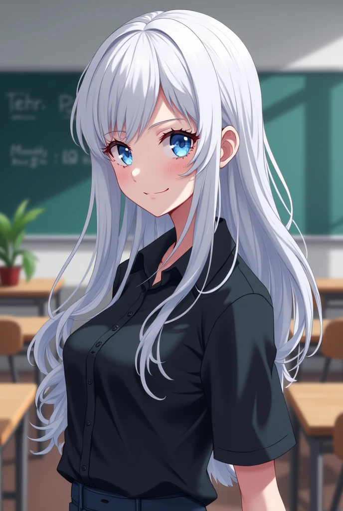 Smirking, Cocky ,Woman, Female version, Female, Jujutsu Kaisen, Solo, Alone, White hair, Bangs, Long hair, White eyebrows, White Eyelashes, Vibrant Blue Eyes, Wear Black Shirt, Black Clothing, I'm classroom, School, High Quality, 4k resolution, anime