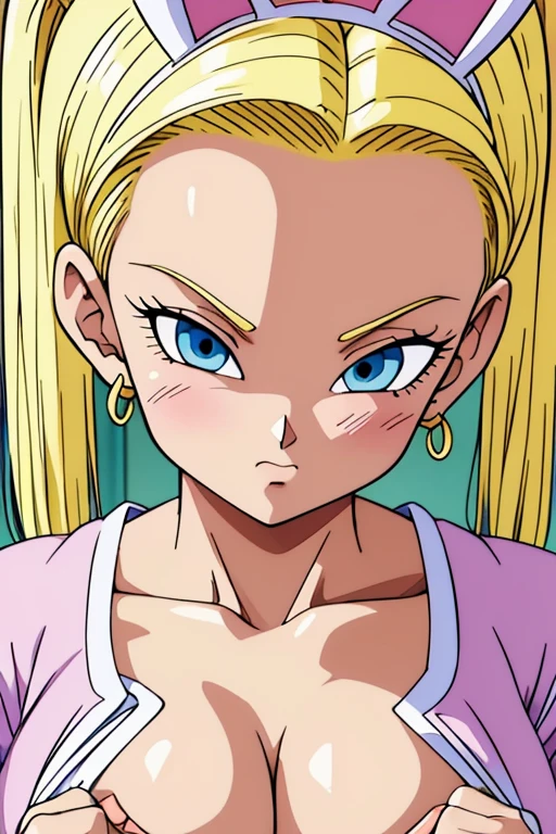 chest, Shortcuts, blue eyes, Blonde, Bunny ears, Highest quality, Blushing, 大きなchest, , Anime Style, Android 18,大きなchest, Heavy breathing, Take a closer look, Twin tails, accurate, High resolution, High detail, Frowning, Tsundere, Earrings,Nipples
