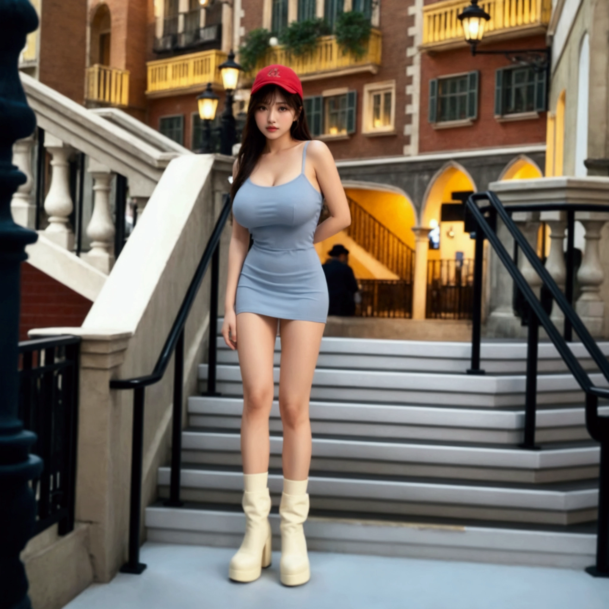 Wear a short skirt、Lady Alafay in hat standing on stairs,, Huge Breasts. high quality, perfect woman statue, True size