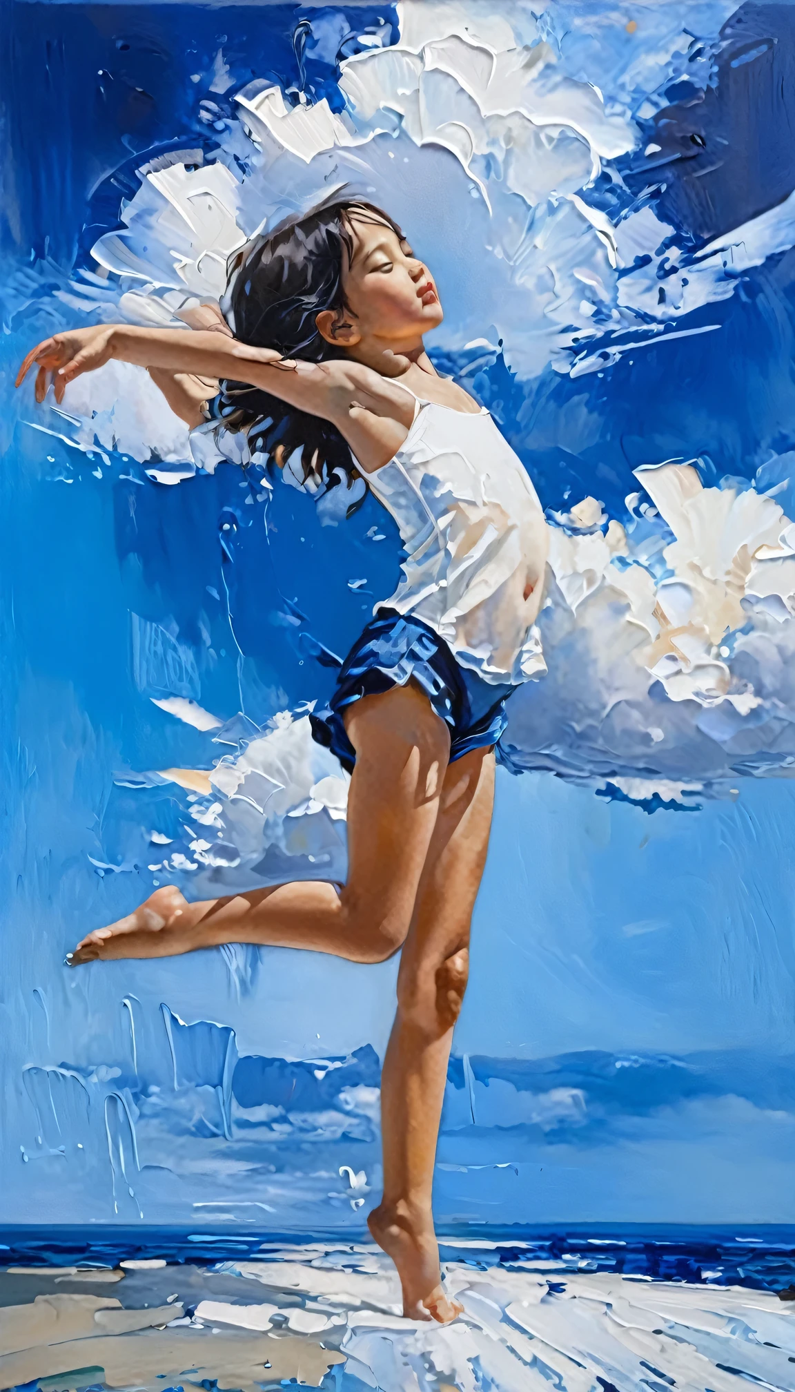 (A girl of about with unkempt black hair.:1.2)、Spread your hands to the sides、Spread your legs、In the distance behind the girl, a vast ocean and white clouds stretched out.、The sky was a gradient of blue and dark blue、Strong light、Deep contrast、The smallest white flower in the foreground、intricate and intense Oil paints, Abstract Painting, intricate Oil paintsing artwork, Vadim Kashin、Realistic, gives the viewer a detailed impact, a portrait painted with oil paint, , intricate and wet Oil paints, Oil paints, New art beyond dimensions, Only the back view, Ryan Hewett、bichu、oil paintin、A three-dimensional painting、super masterpiece、Ultra high definition、vivid colors、