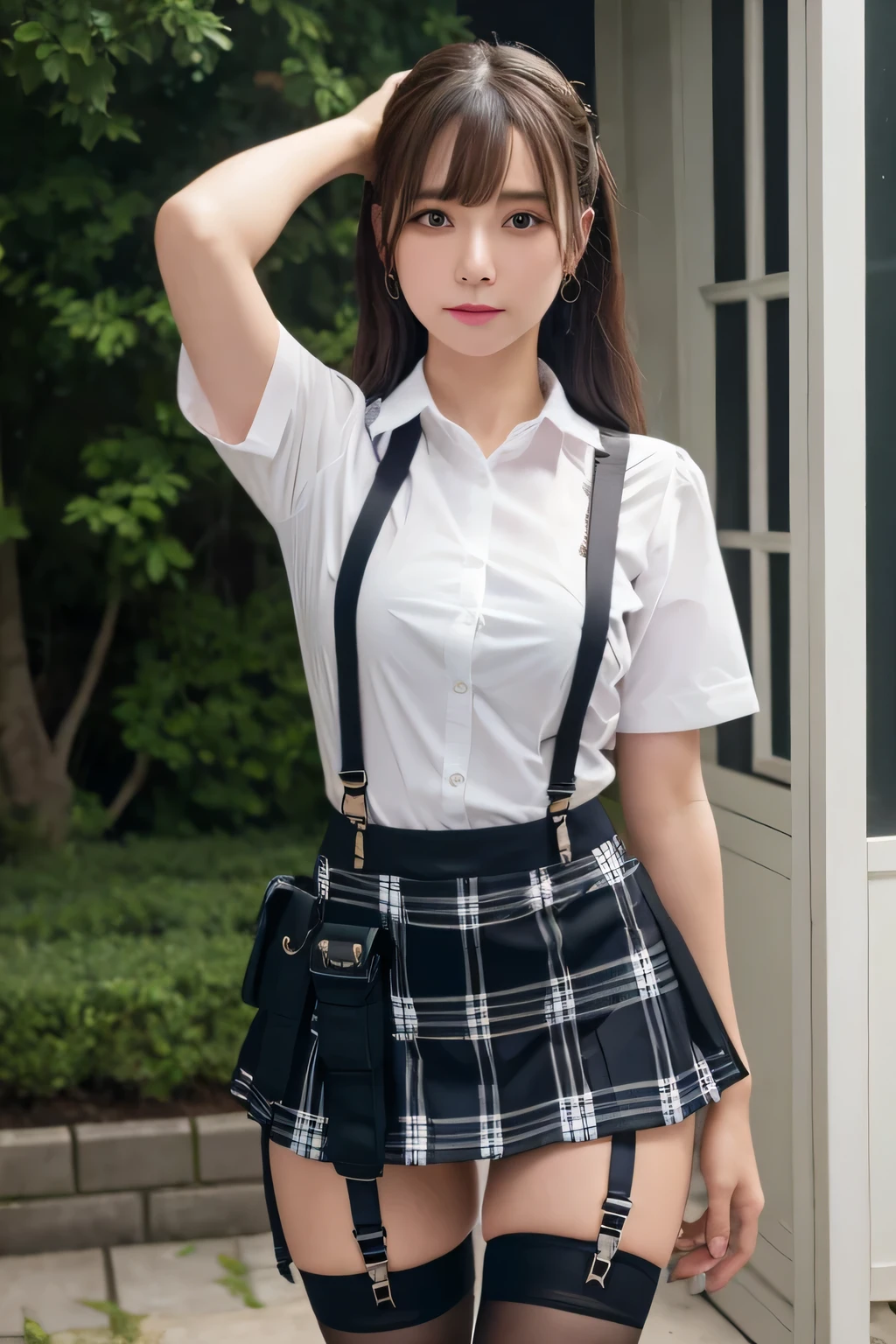 1 female, , high quality, masterpiece, Ultra-high resolution, Cinema Lighting, 1 female, , high quality, masterpiece, Ultra-high resolution, , Cinema Lighting, suspenders　　　Moderate breasts　 　 　　　　　 　　　　Small face　 　　　　　　　　　　　Looking up　　　　Sweat 　　　Thin belt　buzzer　脇Sweat 　　　　 　garter belt　　Belt on pants　　holster　 　　Hands behind your back　 　Looking up　Anxious face　Knee-high　Knee socks　Knee-highソックス 　garter　ふとももにgarter belt　Checkered mini skirt　 　　Panty shot　Skirt gap Armament　　　holster　holster 　　Hands behind your back　 Anxious expression　　Anxious face, legs apart　Armament　　Leg Holster　holster　See-through clothing　heavy rain　Rain-soaked dress shirt,Moderate breasts　ガーターbelt　suspenders　Garter on the thigh　Checkered mini skirt　Looking up　Pause　belt　Armpit sweat　Hands behind back　Raise your hands