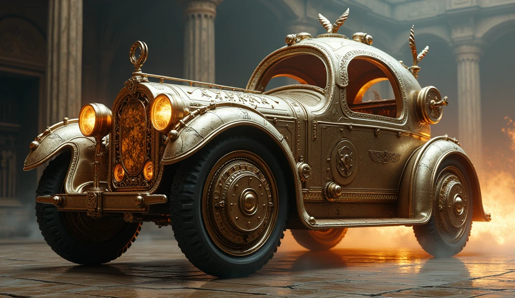 a highly detailed illustration of a chariot designed by Leonardo da Vinci, spinning blades in front to chop the obstacles, steampunk style, intricate mechanical gears and parts, ornate and embellished, dramatic lighting, metallic bronze and gold tones, cinematic composition, photorealistic, (best quality,4k,8k,highres,masterpiece:1.2),ultra-detailed,(realistic,photorealistic,photo-realistic:1.37)