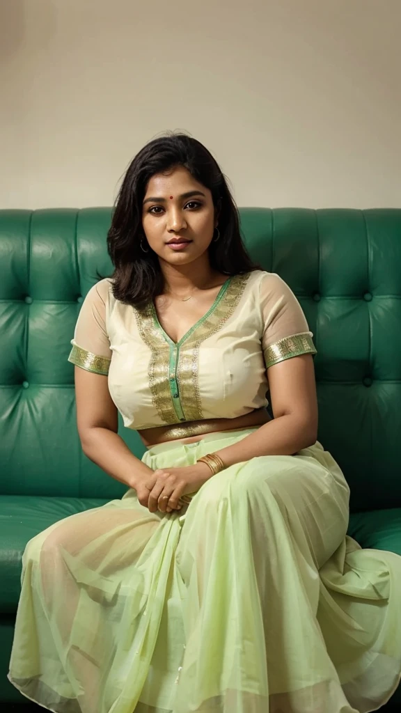 South Indian women, wearing cream colour chiffon transparent shiny skirt and light green shirt 