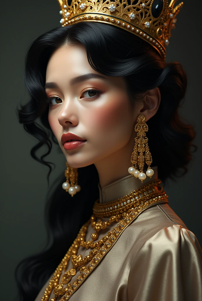 /imagine prompt: A majestic chess queen adorned with elegant, intricate golden earrings. The queen is styled with a blend of realism and artistry, exuding sophistication and luxury. The design features rich gold, deep blacks, and subtle grays, with a minimal background to highlight the queen and her accessories. The overall aesthetic should convey elegance and high-end fashion, perfect for a semi-joias brand --ar 4:5 --q 2