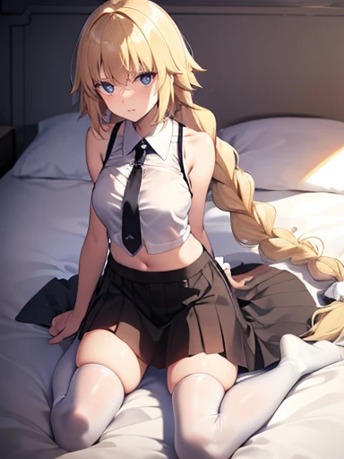 masterpiece,best quality,high resolution,jeanne darc, blonde hair, blue eyes, long hair,bare shoulders, black necktie, black thighhighs, braid, long braid, miniskirt, navel, necktie, shirt, single braid, sleeveless, sleeveless shirt, thighhighs, white shirt,(shirt lift),full body on the bed,embarrassed