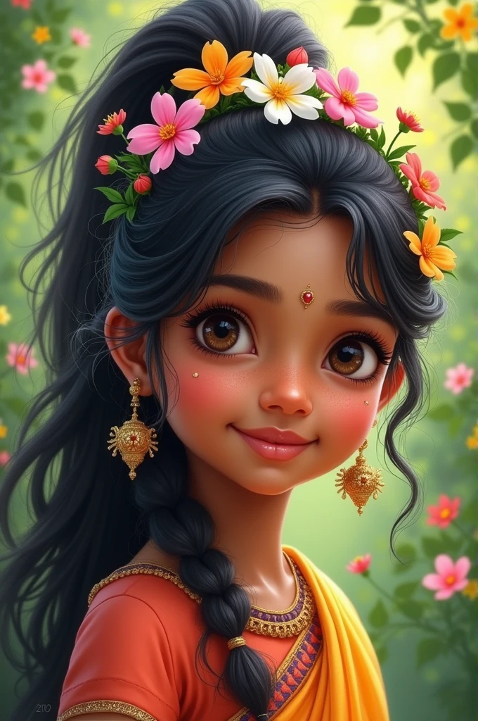 indian girl with ponytail flowers in the ponytail