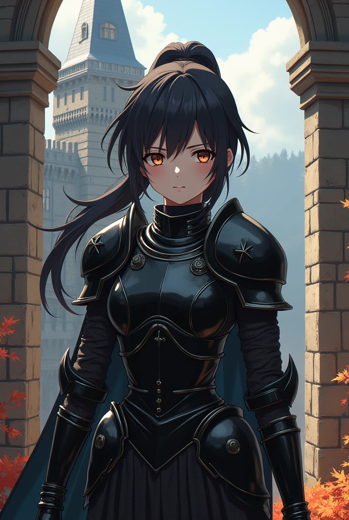Artworks by yaguru magiku, Girl in black knight armor, Angry Smile, The style of Kyoto Animation in the 2010s, Official Art, ((((Black Hair)), Eyes of Haruhi Suzumiya, Suzumiya Haruhi&#39;s face)), Beautiful symmetrical face, Ponytail, Medieval European castle in autumn, fantasy, Solitary, Solitary, 8K, Haruhi Suzumiya&#39;s pose